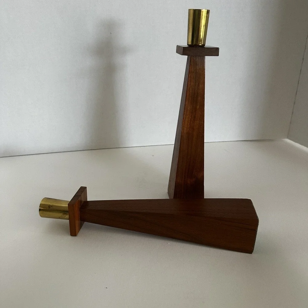 Vintage Danish Modern Kustom Kraft Walnut Brass Taper Candle Holders‎ 9 Inch